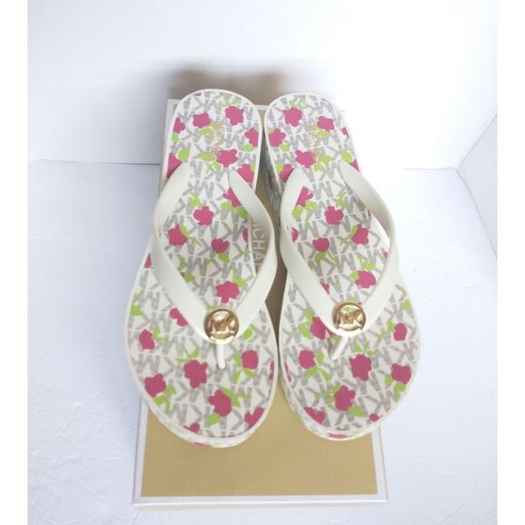 New! MICHAEL KORS MK Logo Jet Set Bedford Platform Wedge Thong Sandals Shoes - Picture 1 of 6